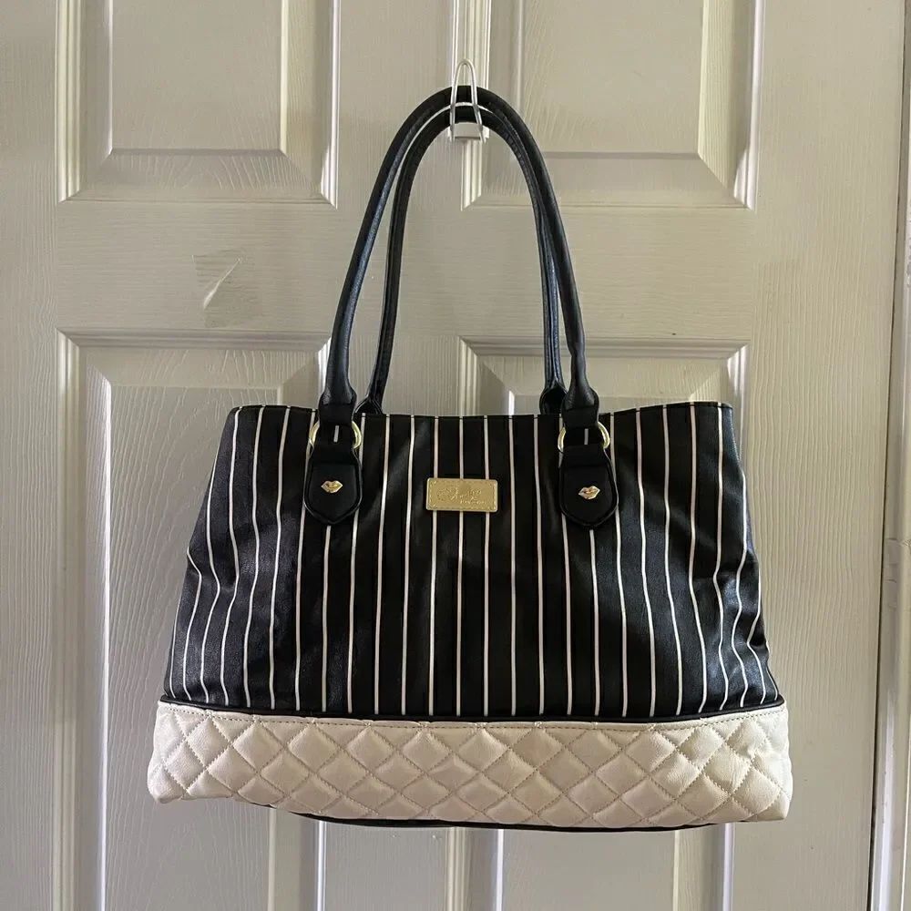 Betsey Johnson Black & white stripes and off white quilted large shoulder bag